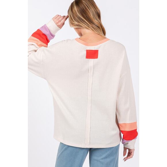 SAGE + FIG Color Block Raglan Sleeves Crew Neckline Waffle Knit T-Shirt | Sand - Picture 2 of 6